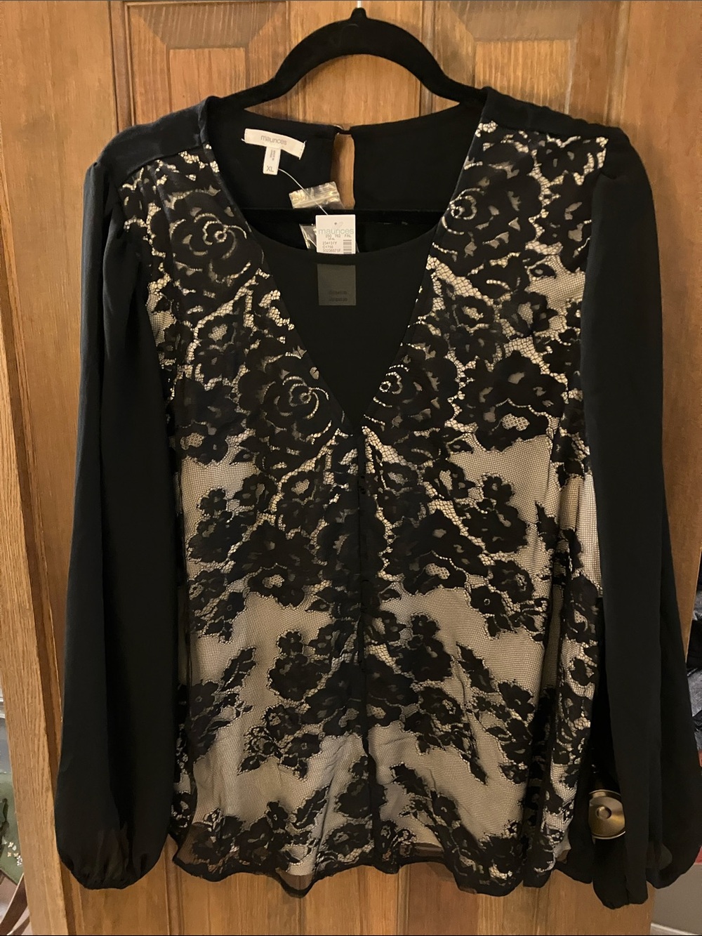 Maurices Black Lace Overlay V-Neck Blouse with Nude Underlay size XL